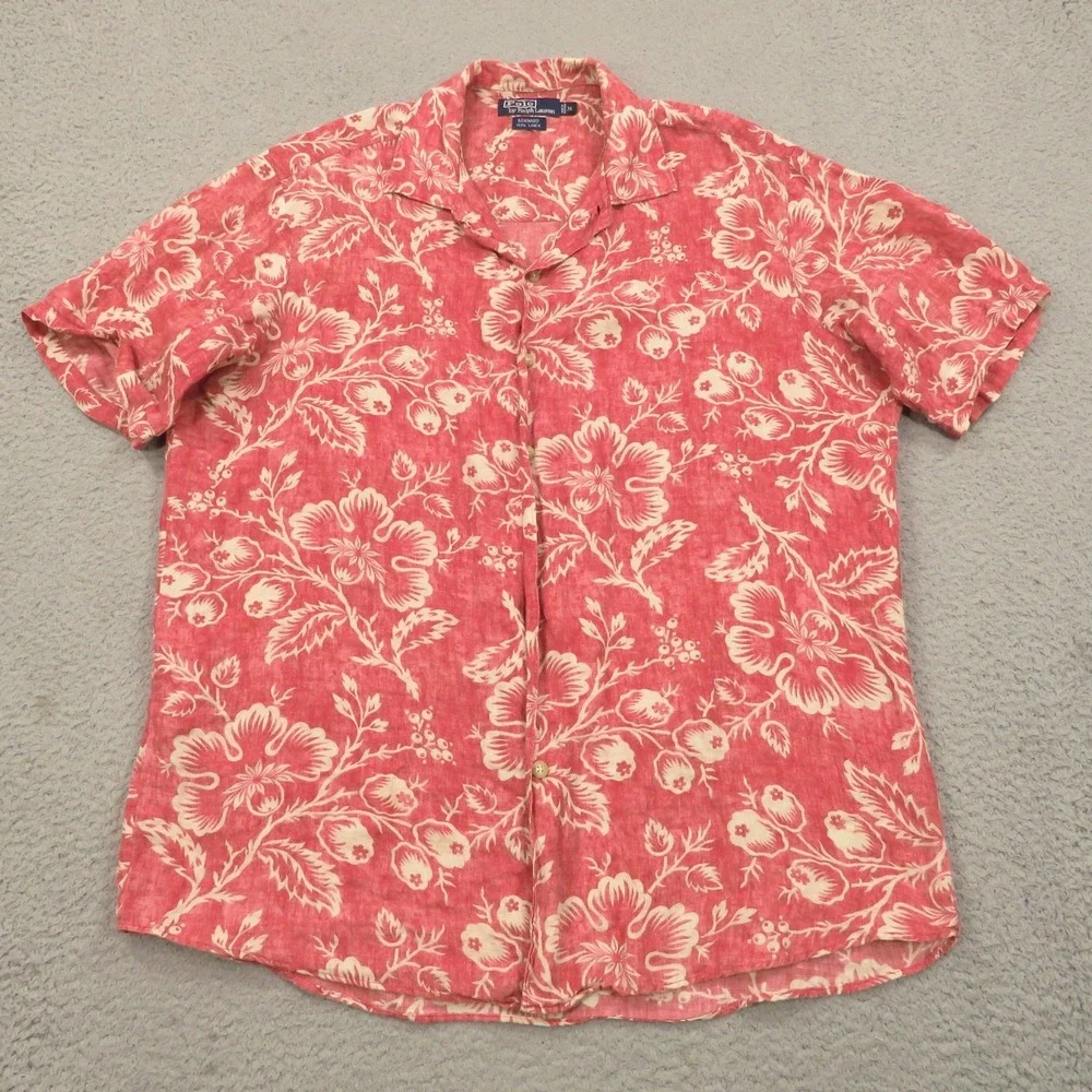VTG Polo Ralph Lauren Shirt Men Medium Bonnard Linen Floral Pink Red Camp Collar